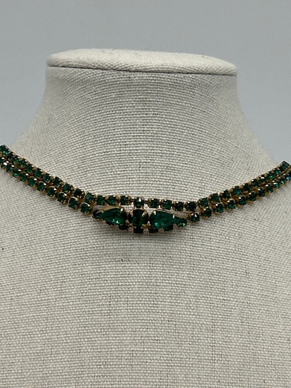 Kramer of New York Green Rhinestone Necklace Vintage Gold Tone Statement Signed